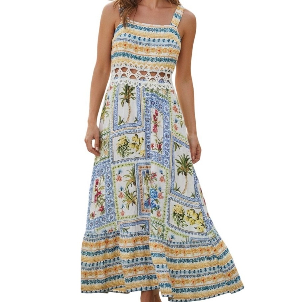 Cupshe Boho Tropical Floral Midi Dress S Crochet Lace Summer Beach Vacation Sun